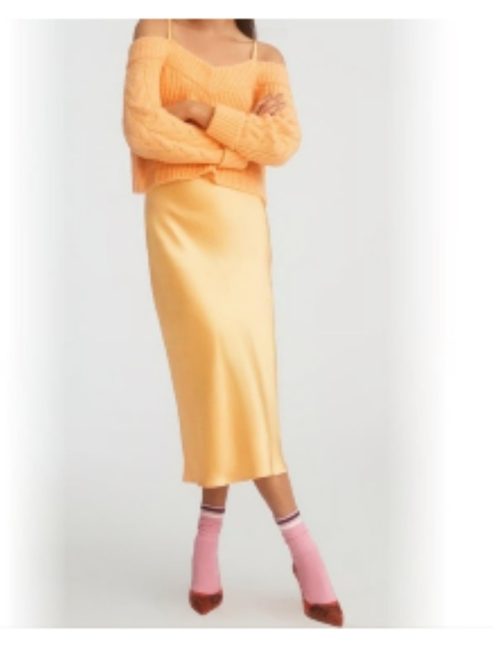 Anthropologie Satin Midi Slip Skirt in Peachy Yellow